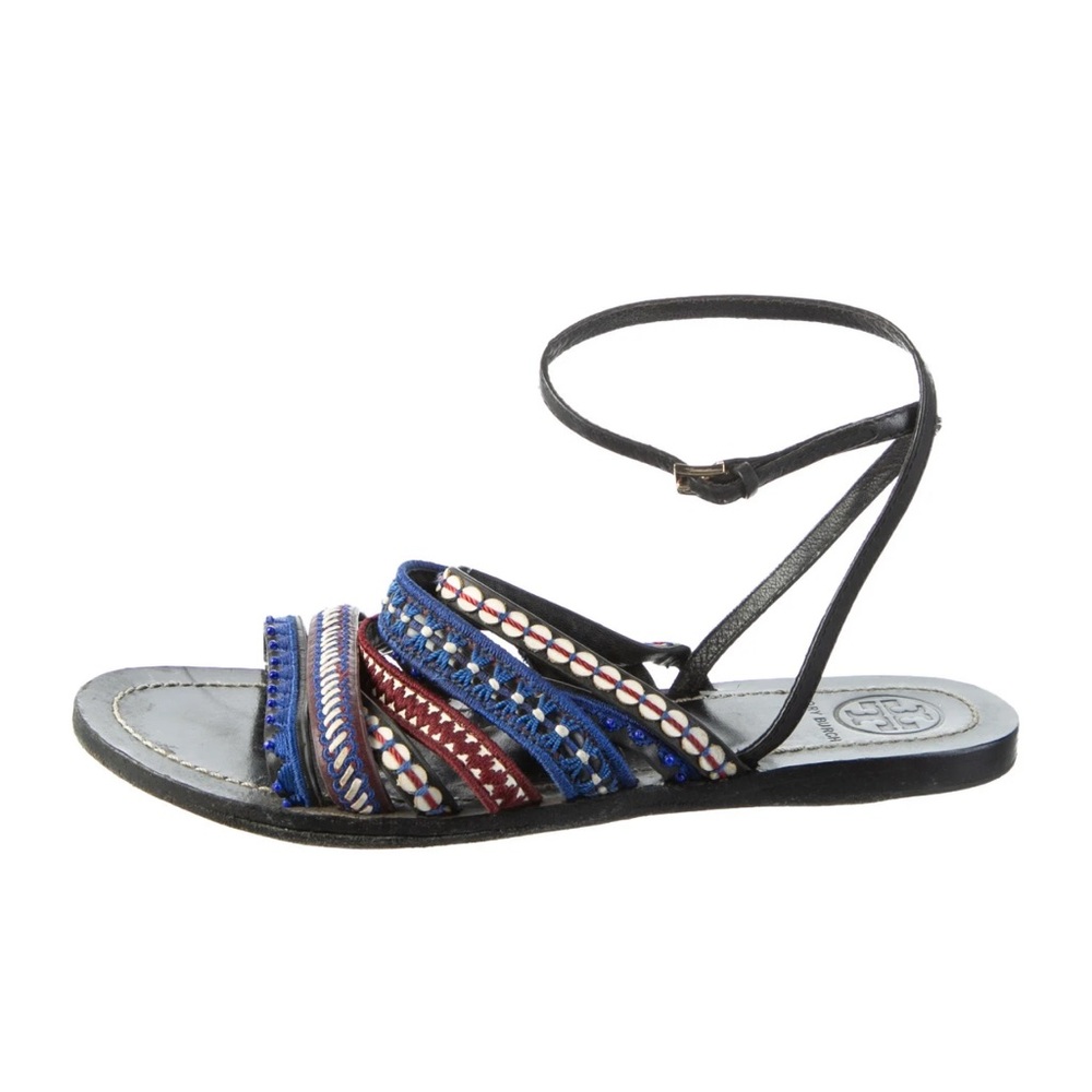 Tory Burch patterned embellished ankle strap flap Sandals size 10.5